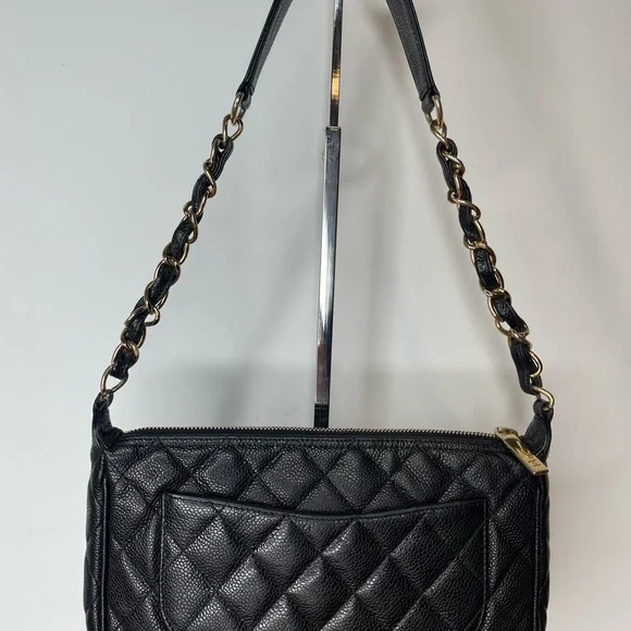 Auth Classic Chanel Black Caviar Hobo Chain Gold HW Handbag Pochette - Picture 2 of 16